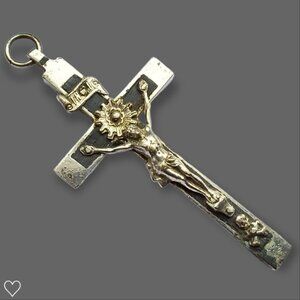 Antique Crucifix Pendant Metal Ebony Inlay 3in Priest Nun Religious Memento Mori